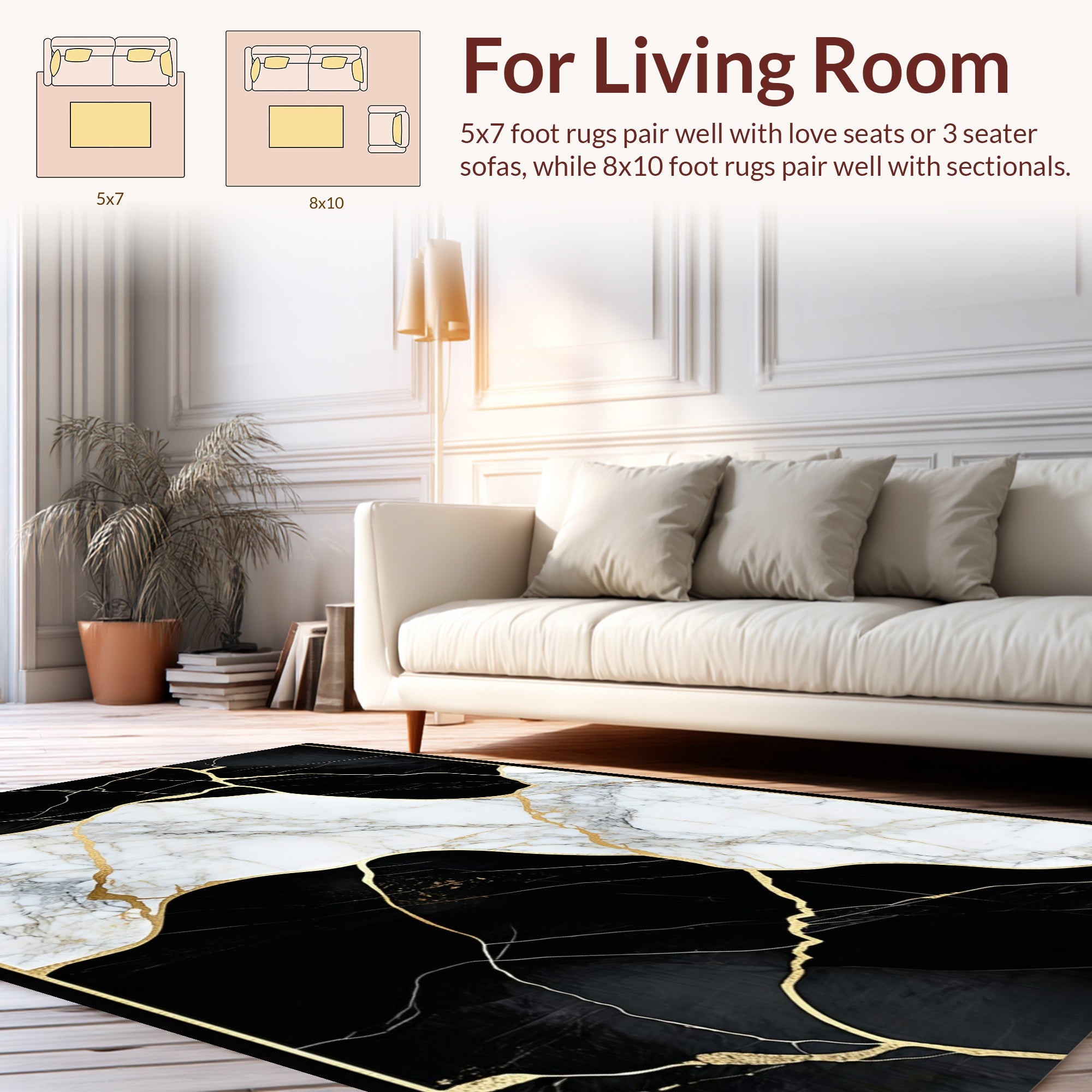 Black White Gold Marble Pattern Rug