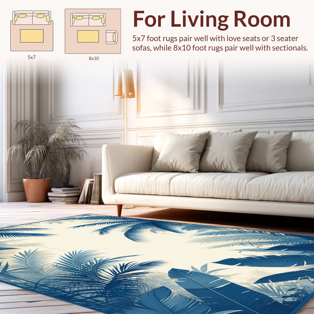 Deep Blue Tropical Leaves Pattern Rug
