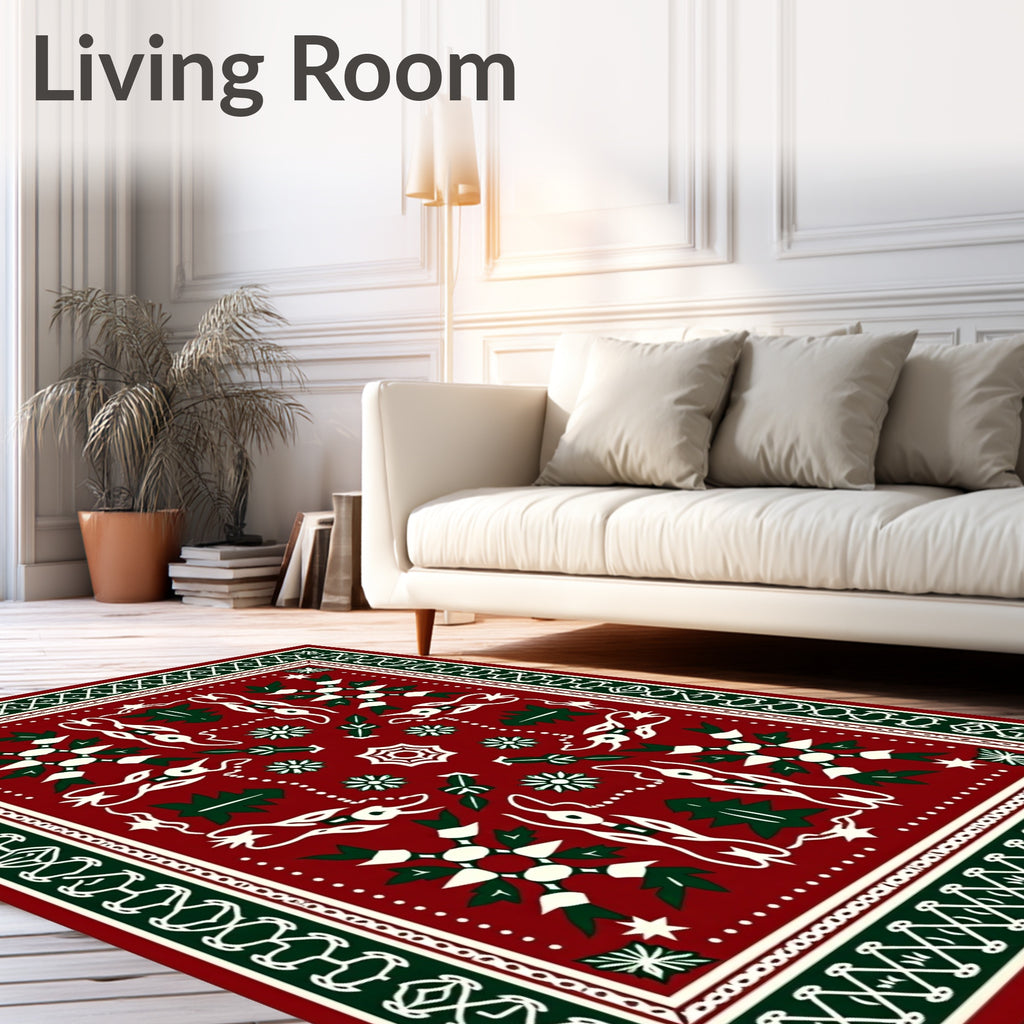Crimson Green Folk Art Tree Medallion Rug