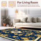 Elegant Gold Scrollwork Blue Pattern Rug