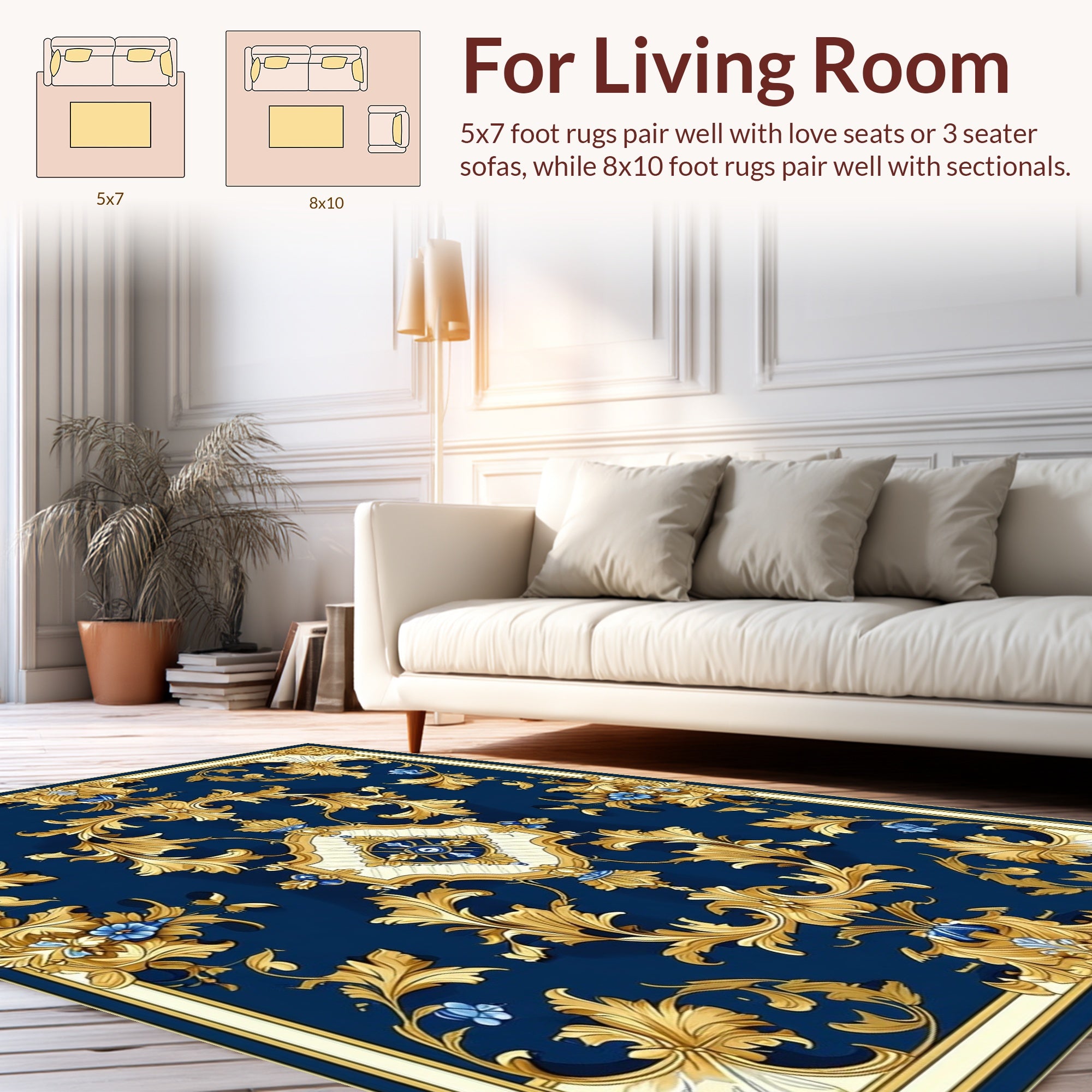 Elegant Gold Scrollwork Blue Pattern Rug