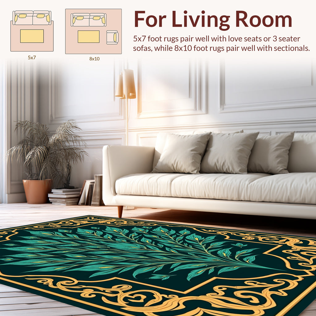 Emerald Leafy Swirls Golden Frame Design Rug