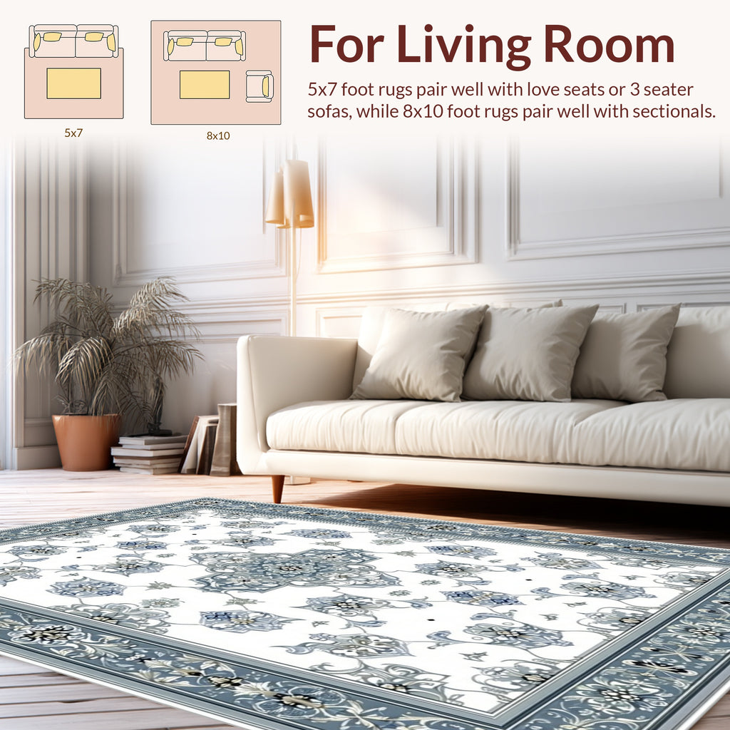 Ornate Blue Gray Floral Motif Rug