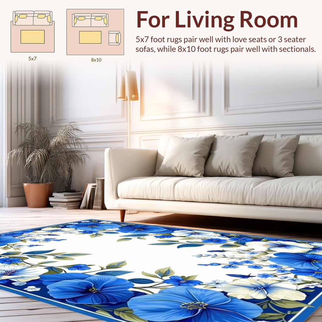 Bold Blue White Floral Vines Rug