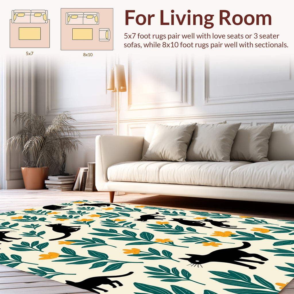 Whimsical Black Cats Orange Flowers Pattern Rug