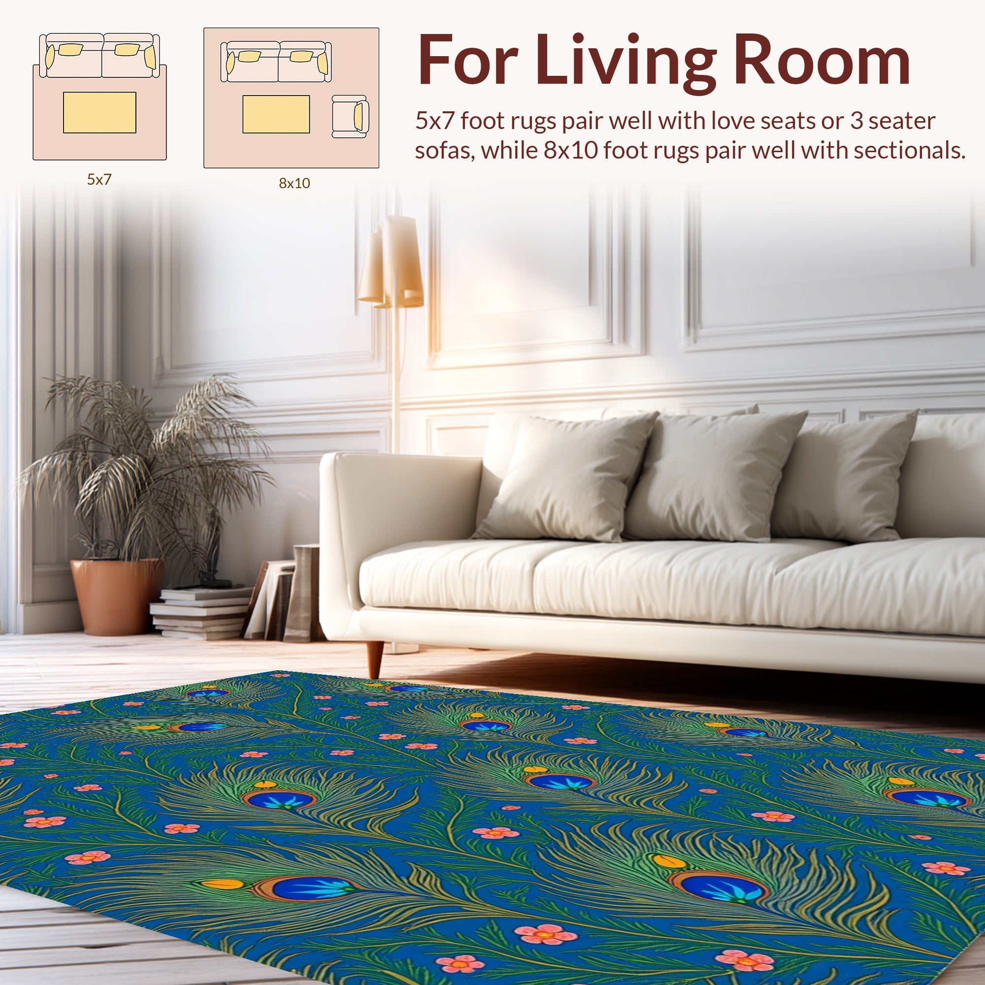 Vibrant Peacock Feather Floral Design Rug
