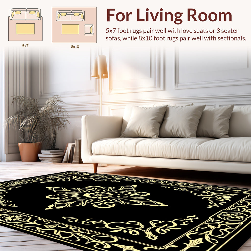 Ornate Black Gold Floral Frame Rug