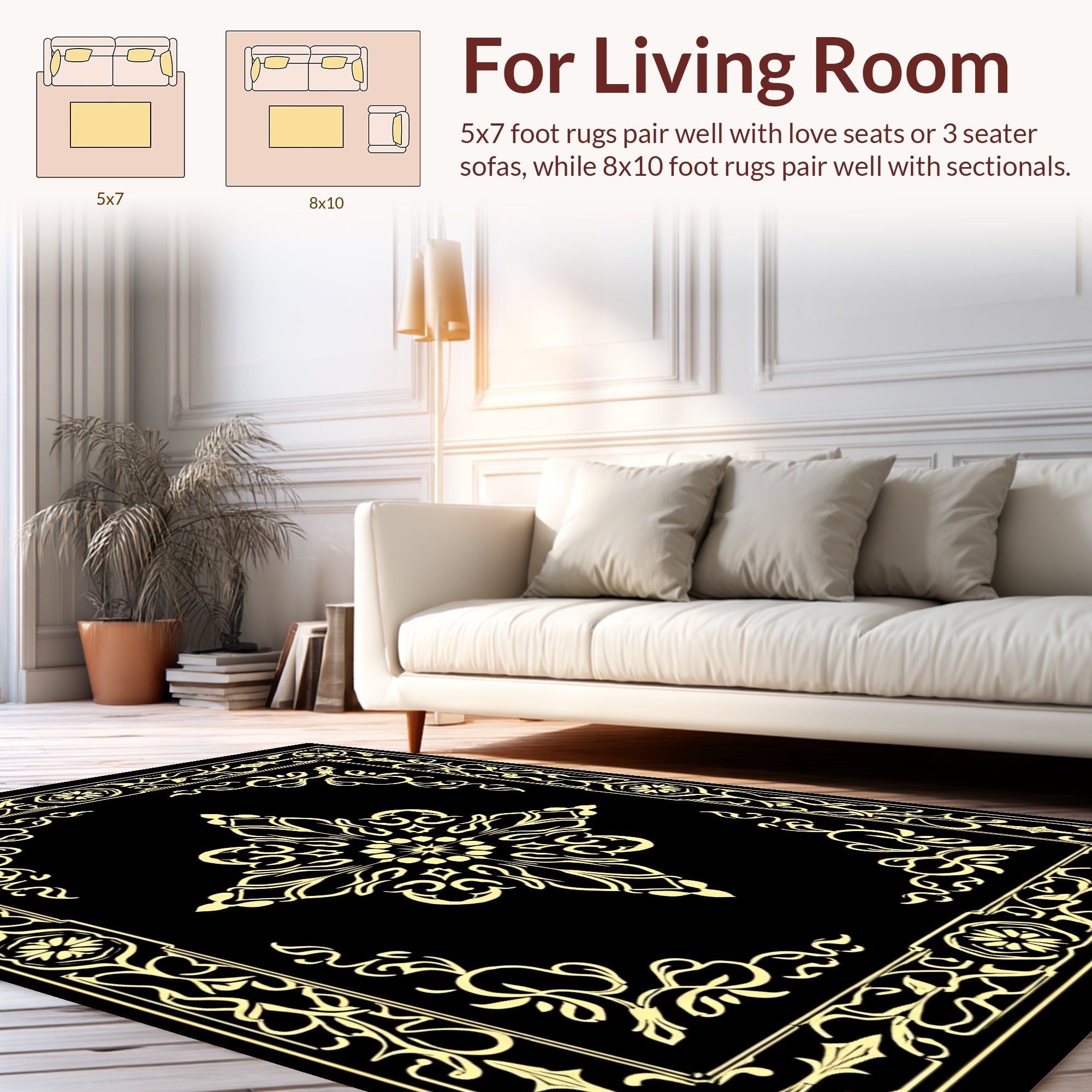 Ornate Black Gold Floral Frame Rug