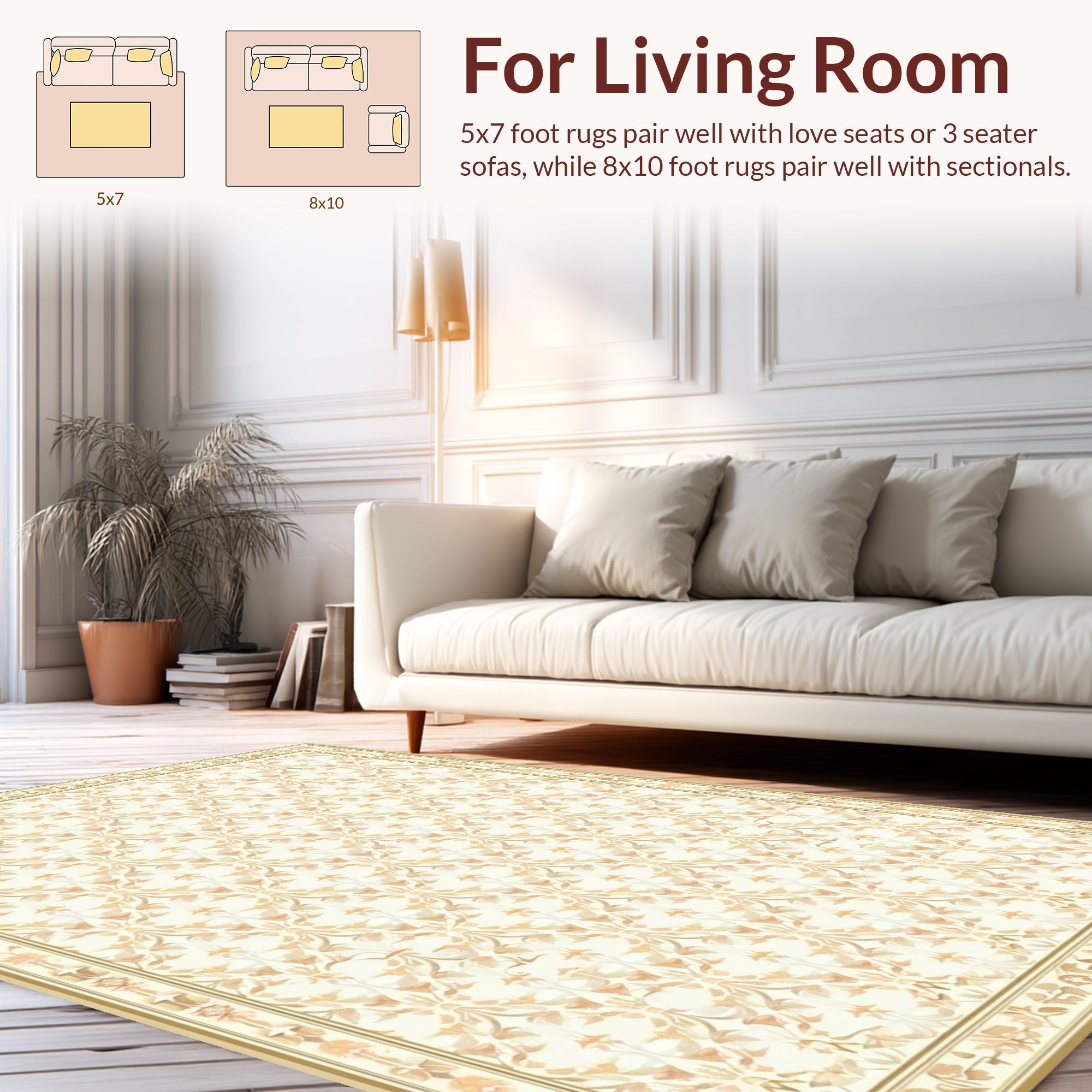 Cream and Gold Floral Damask Pattern Rug