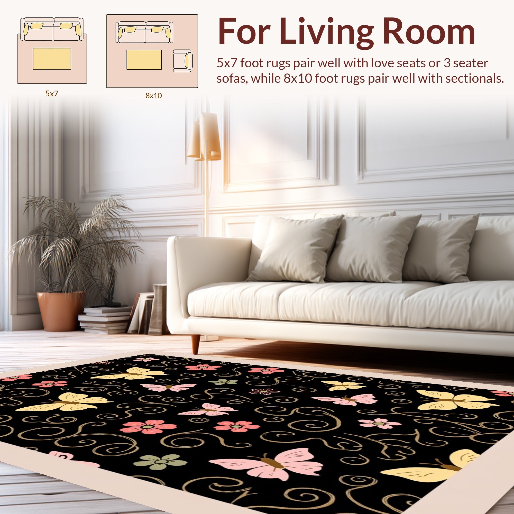 Whimsical Butterfly Floral Scroll Design Rug