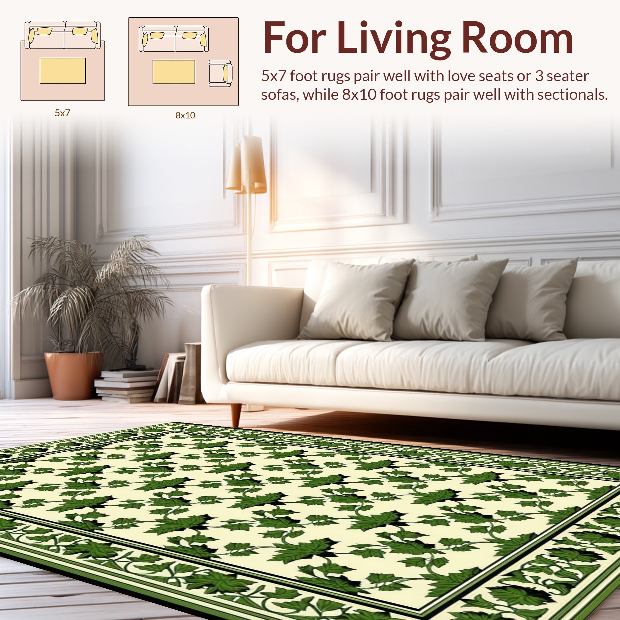 Green Leaf Patterned Classic Area Rug