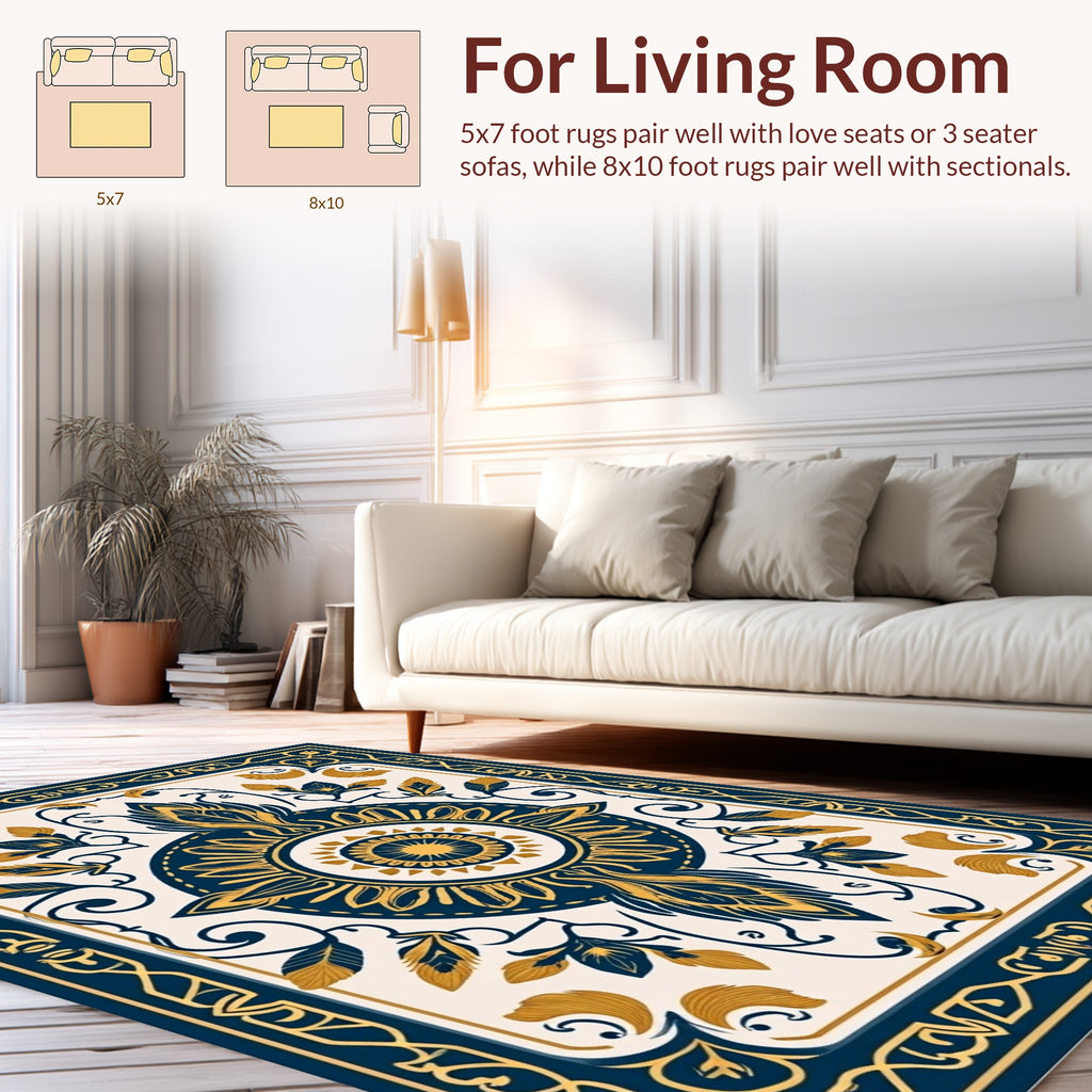 Dark Blue Floral Sun Ornate Rug
