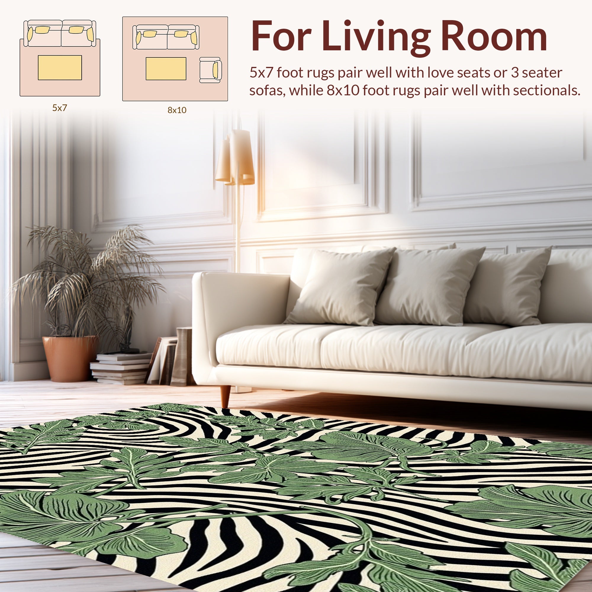 Green Foliage Zebra Print Design Rug