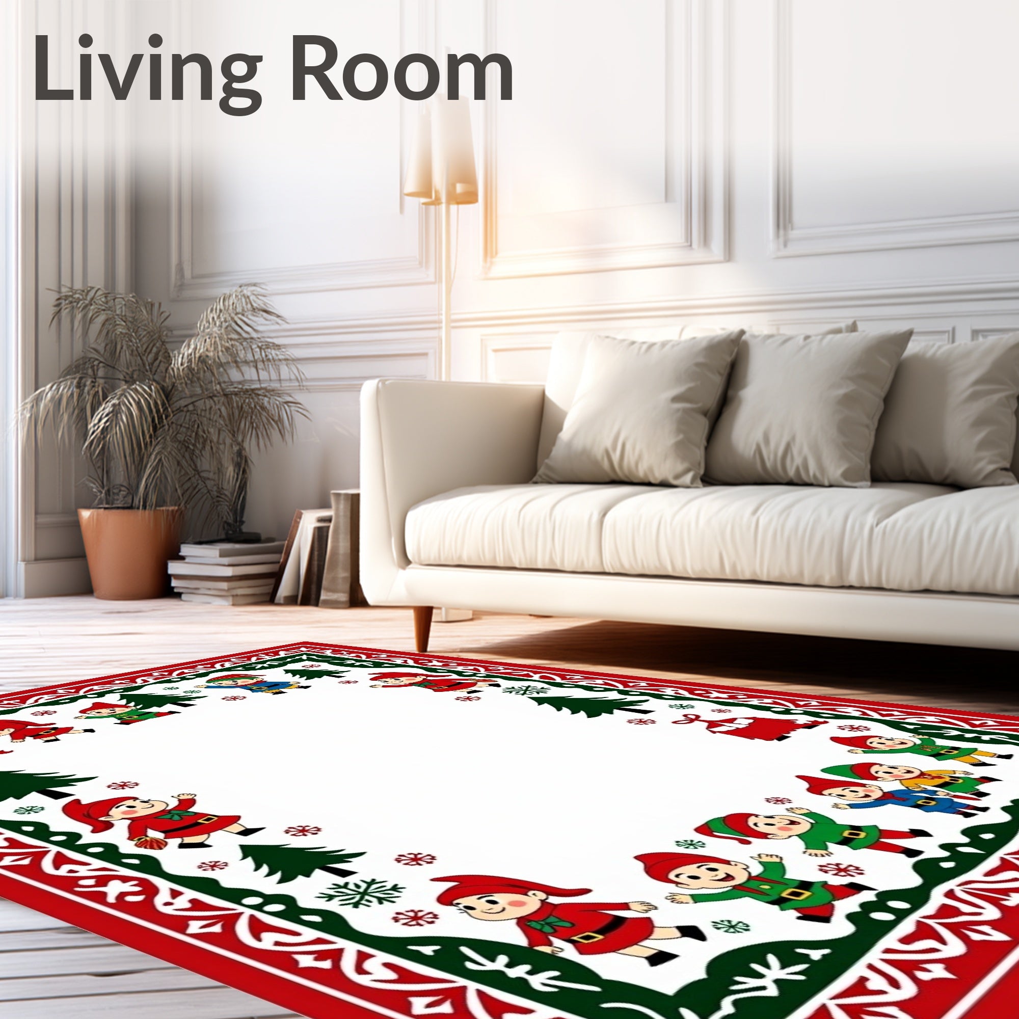 Whimsical Christmas Elves Border Rug