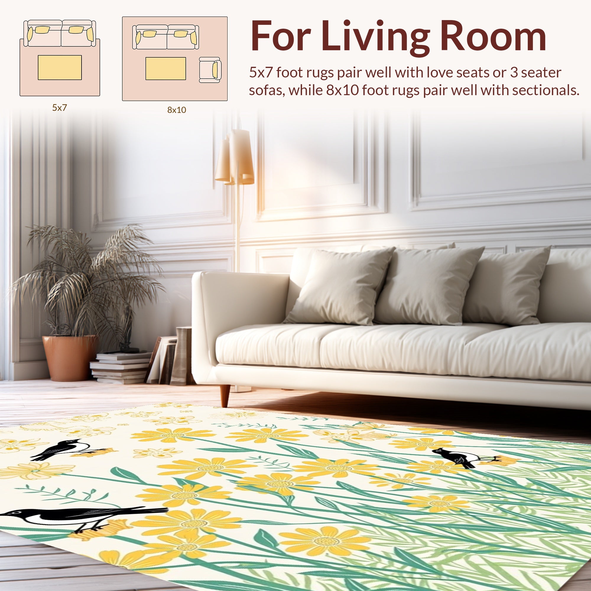 Cheerful Birds and Yellow Floral Pattern Rug