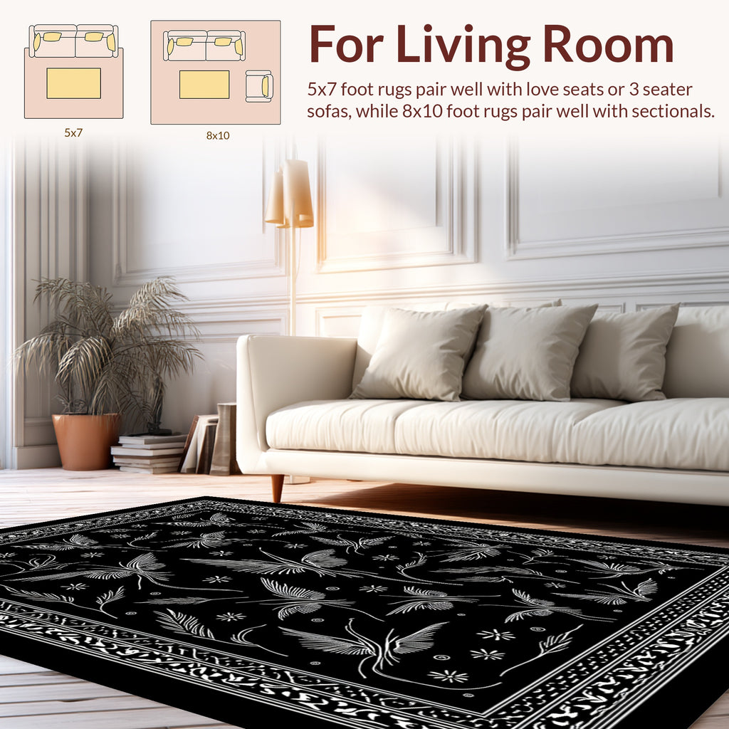 Ornate White Floral Butterfly Pattern Rug