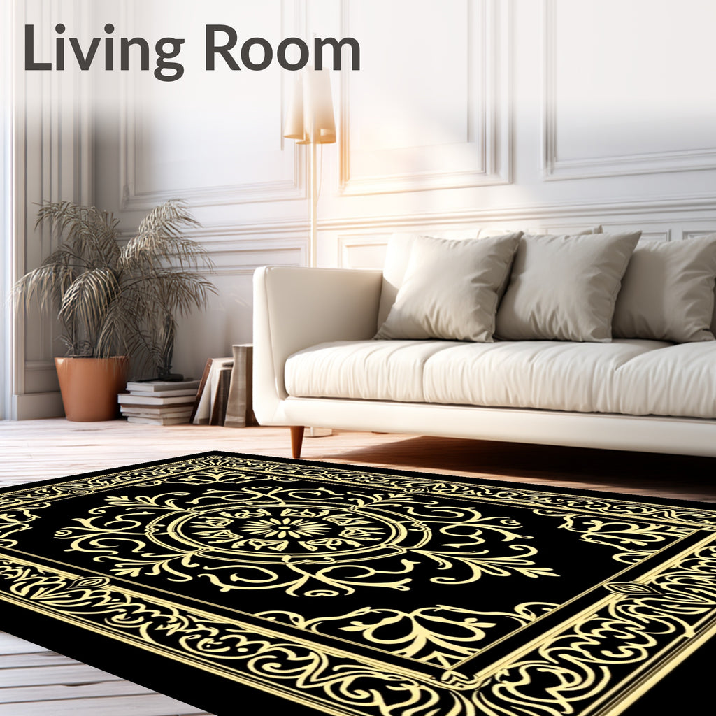 Golden Black Ornate Medallion Scroll Rug