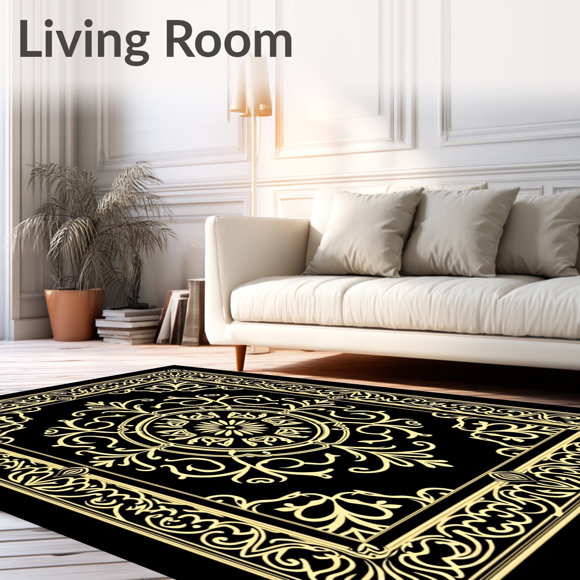 Golden Black Ornate Medallion Scroll Rug