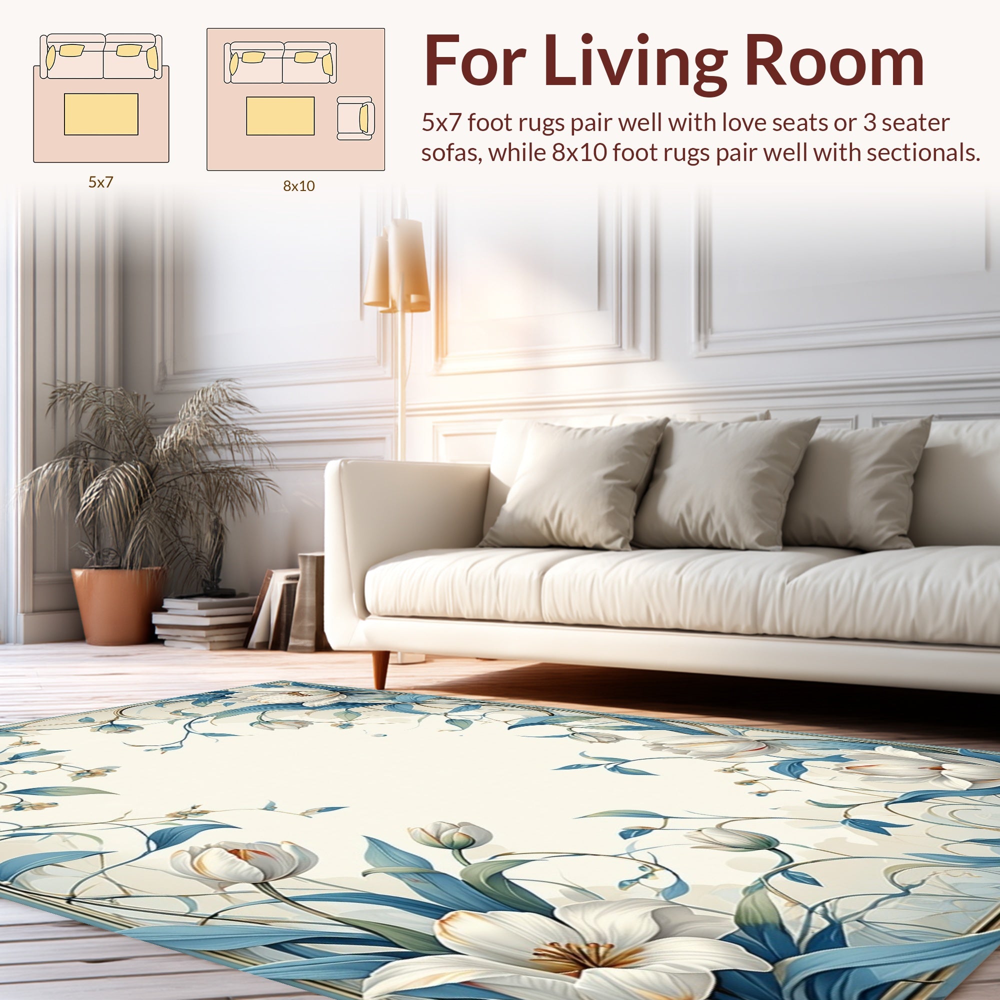 Elegant White Floral Vine Pattern Rug