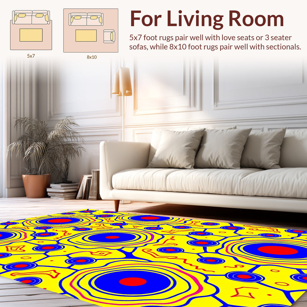 Vibrant Yellow Blue Red Circles Pattern Rug