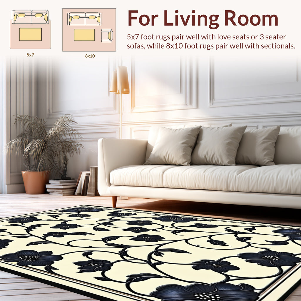 Elegant Black Floral Vine Pattern Rug