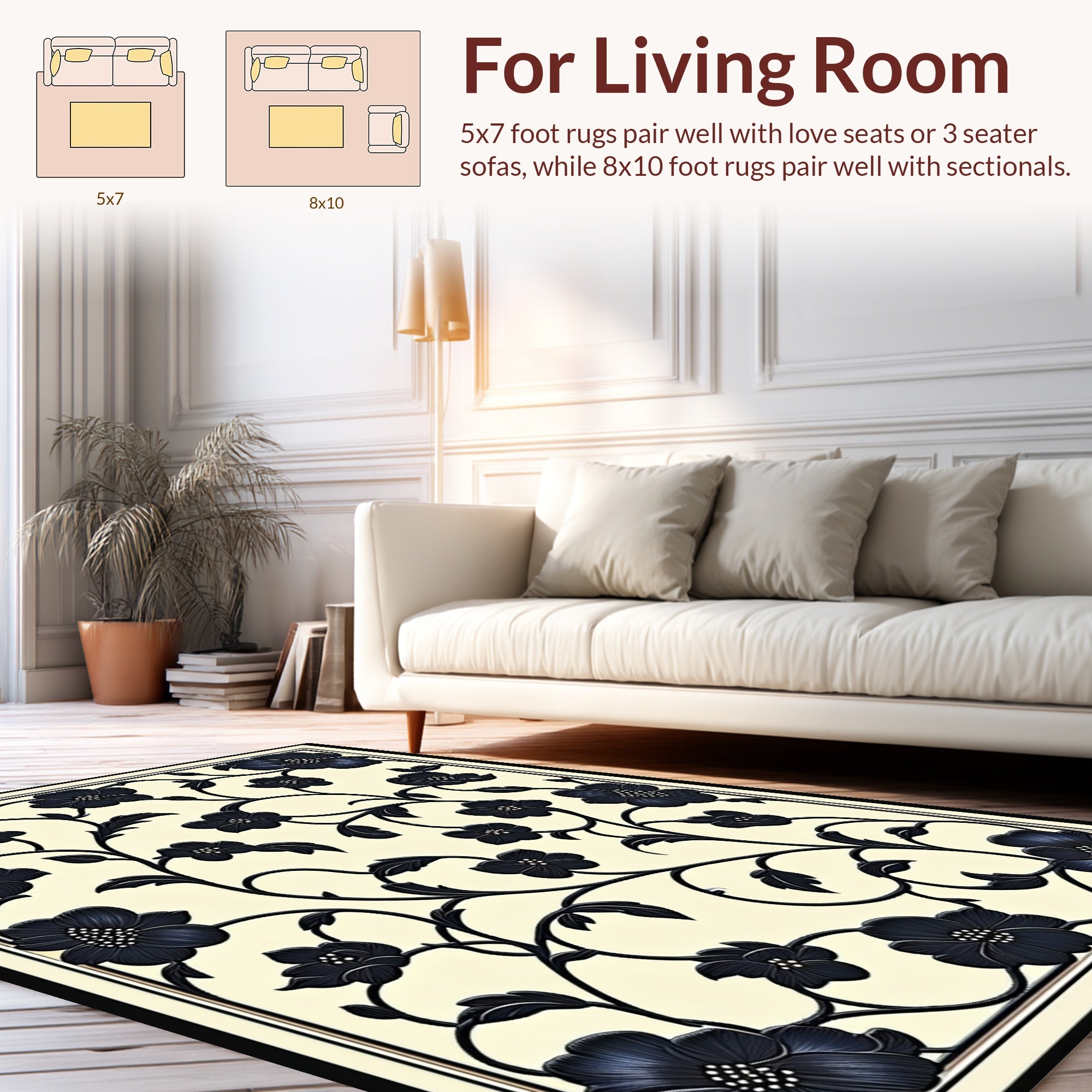 Elegant Black Floral Vine Pattern Rug