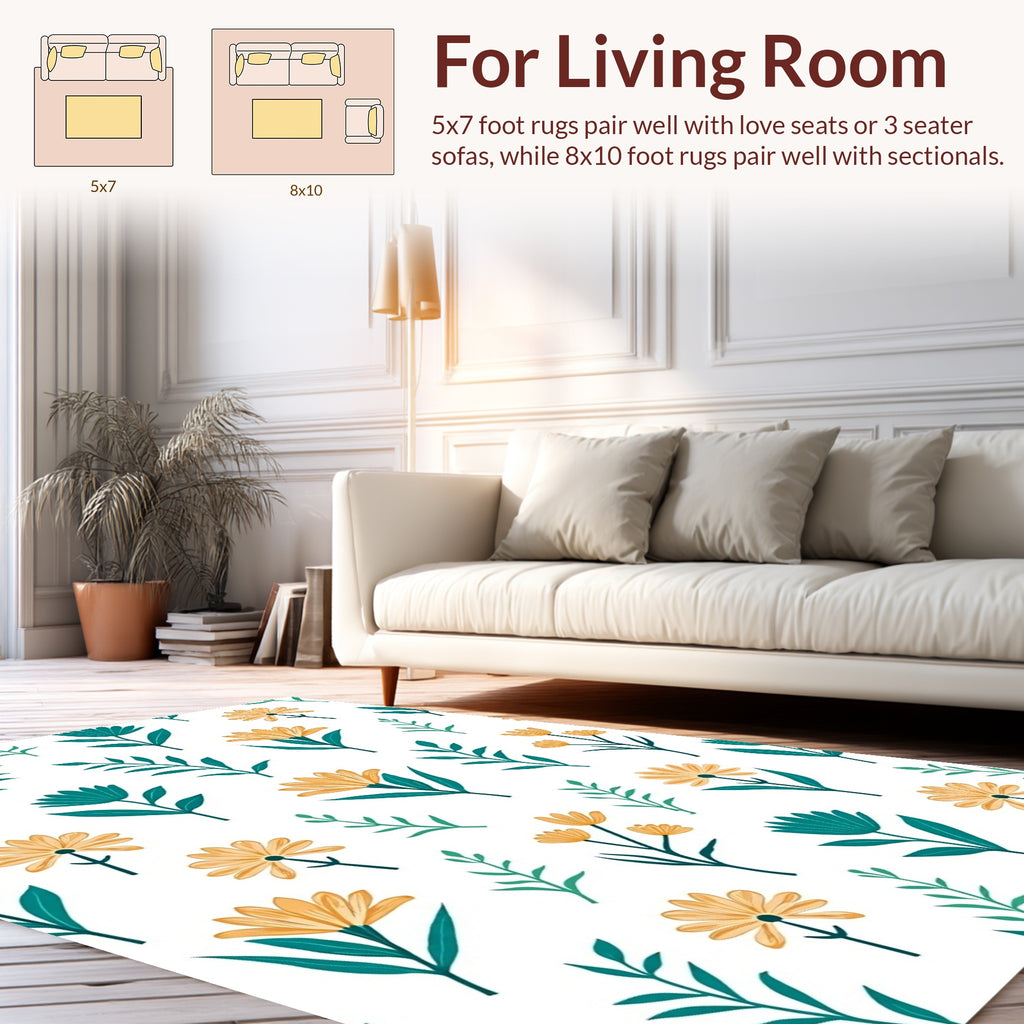 Teal Gold Floral Botanical Pattern Rug