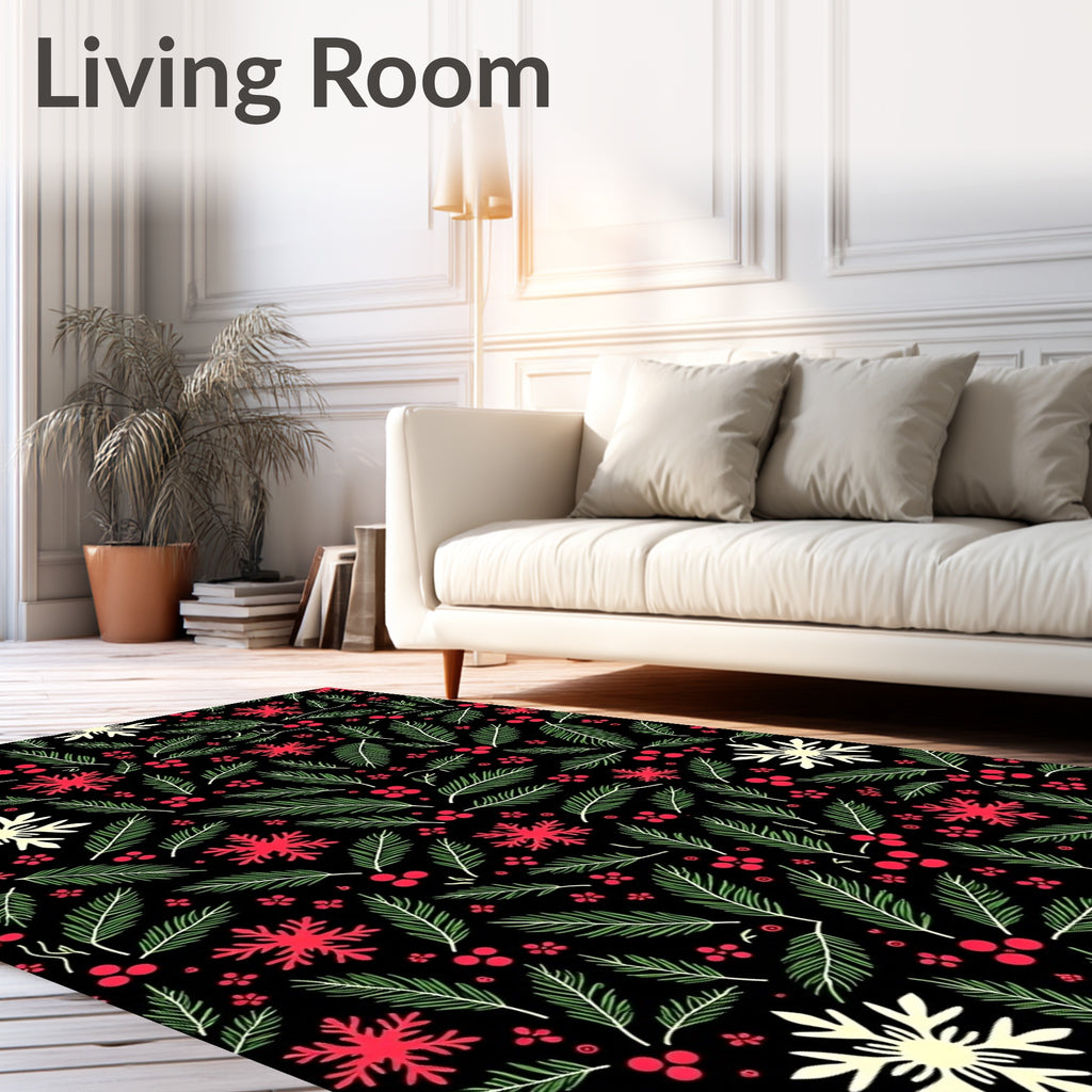 Festive Red Snowflakes Pine Berries Rug
