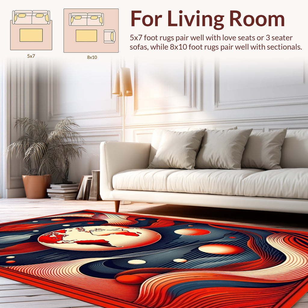 Abstract Globe With Red Waves Rug