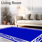Vibrant Blue White Curving Border Rug