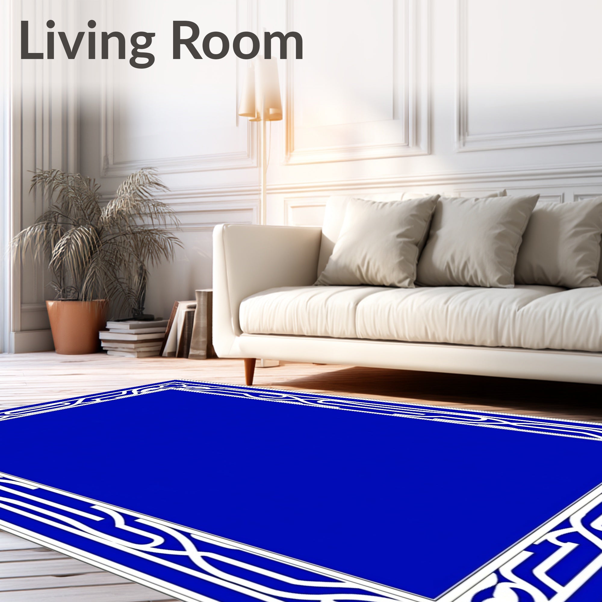 Vibrant Blue White Curving Border Rug