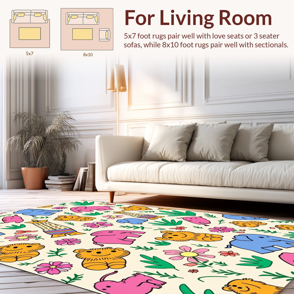 Playful Animals and Flowers Pattern Rug