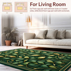 Dark Green Gold Leaf Botanical Pattern Rug