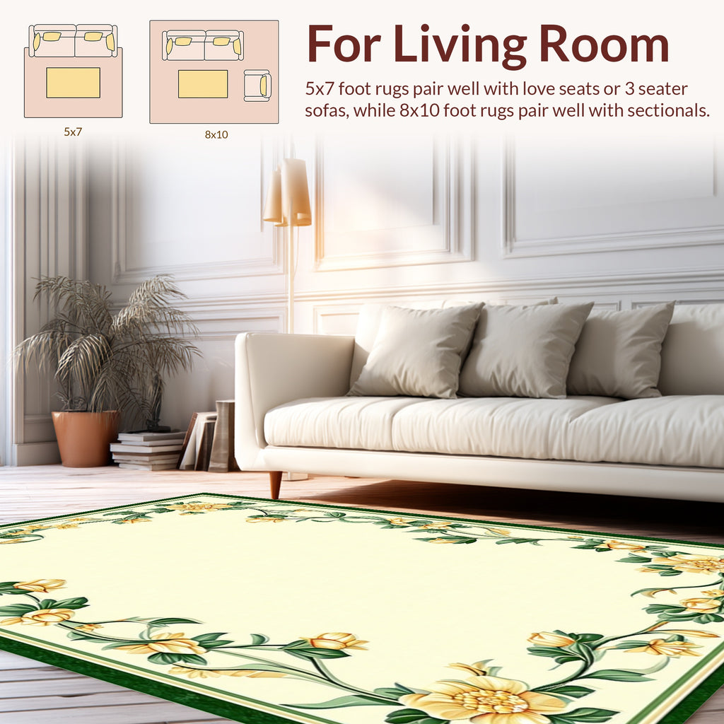 Ornate Yellow Floral Border Design Rug