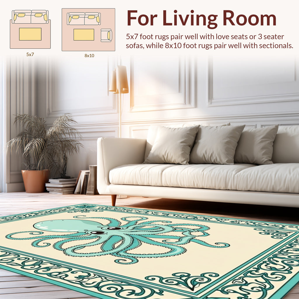 Teal Octopus Whimsical Border Design Rug