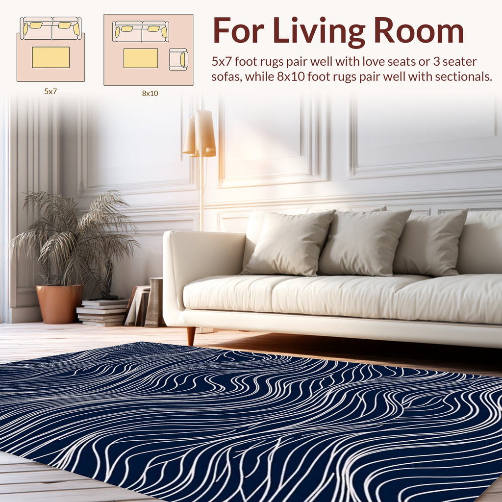 Dark Blue White Wavy Line Pattern Rug