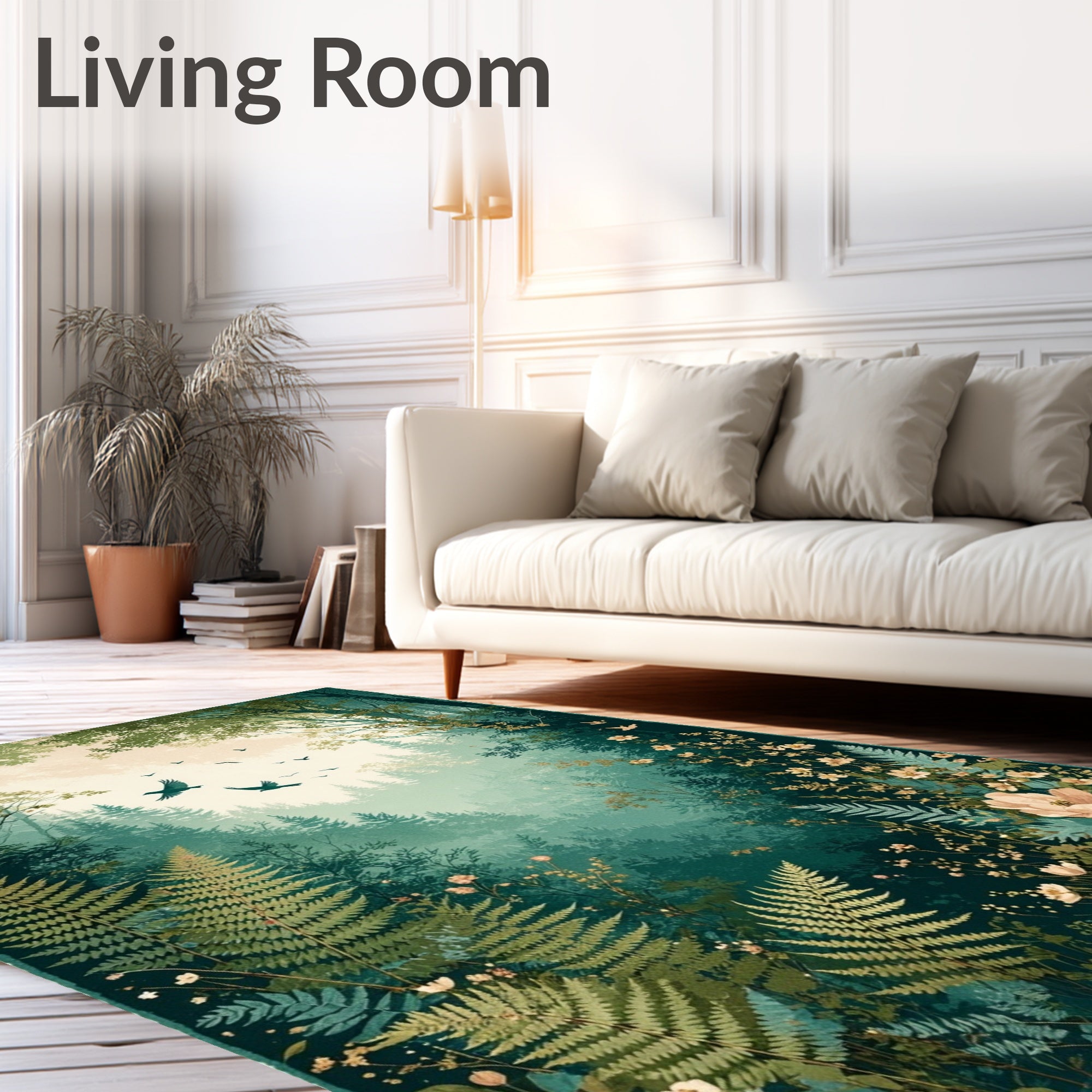 Mystical Forest Scene with Birds and Ferns Rug