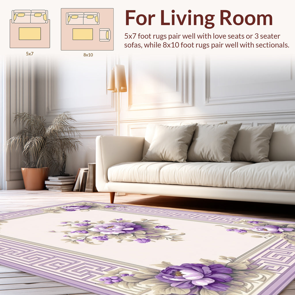Elegant Lavender Floral Greek Key Rug