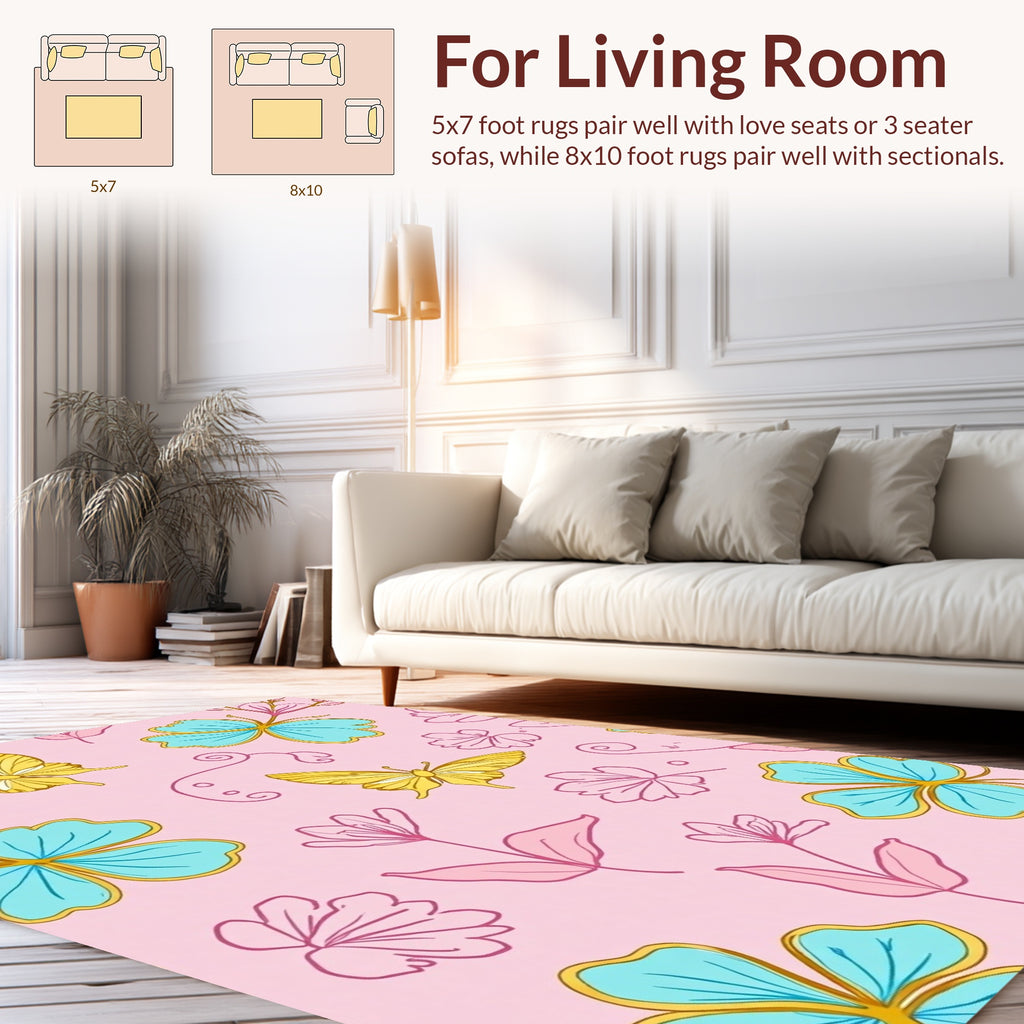 Pink Yellow Teal Butterfly Floral Pattern Rug