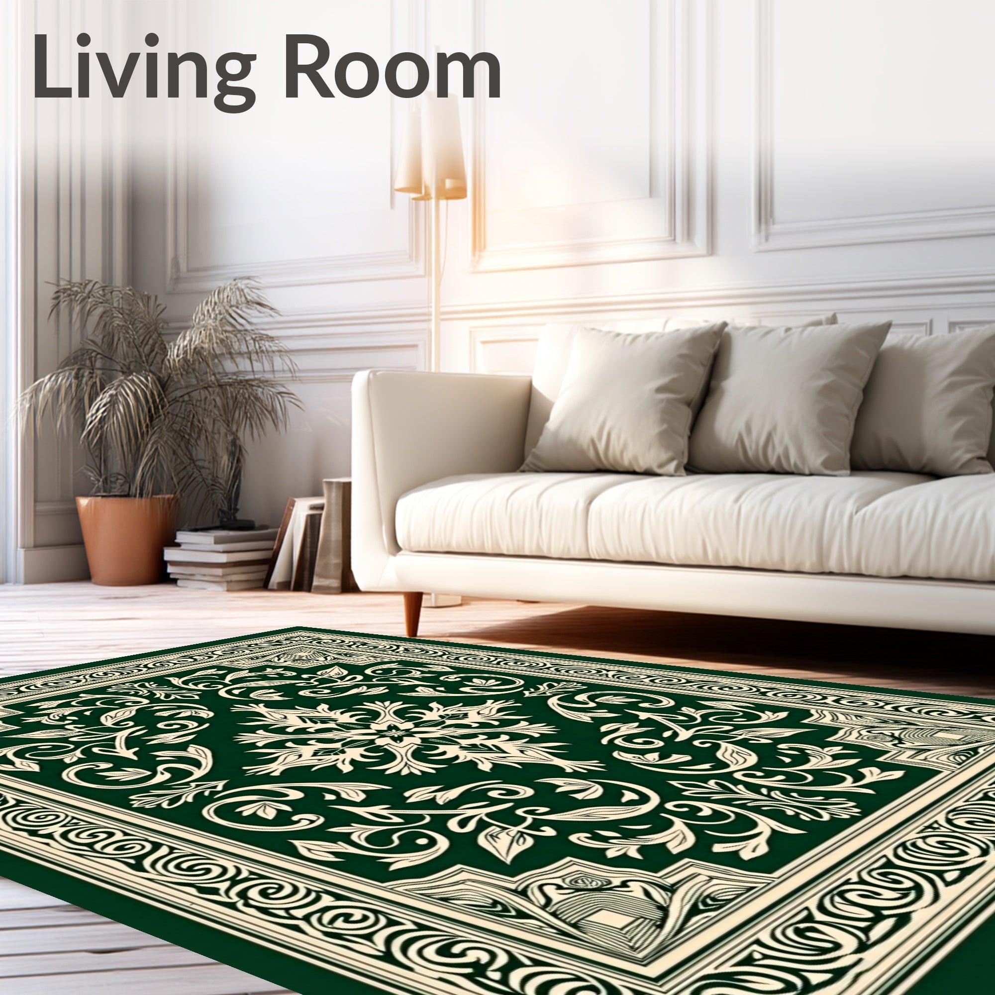 Emerald Ivory Floral Scroll Border Rug