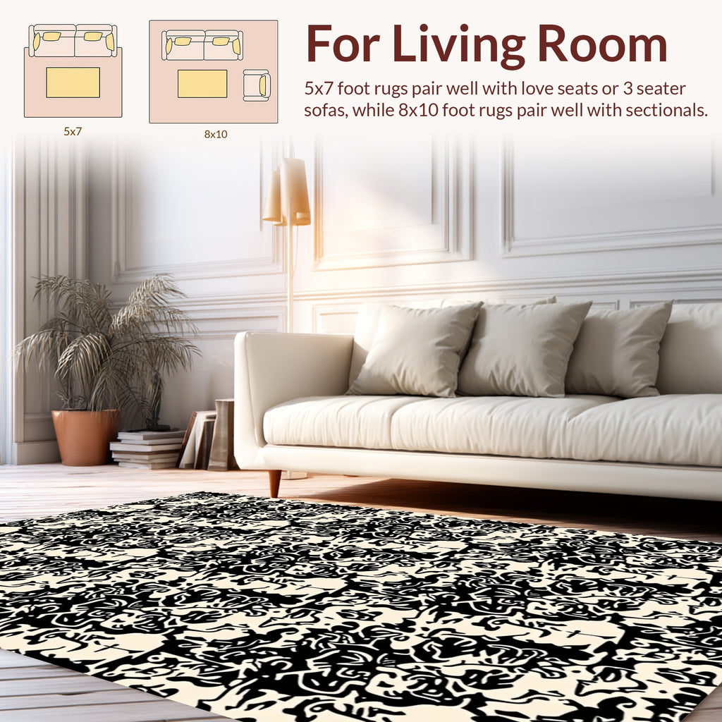 Abstract Black Cream Textured Design Rug