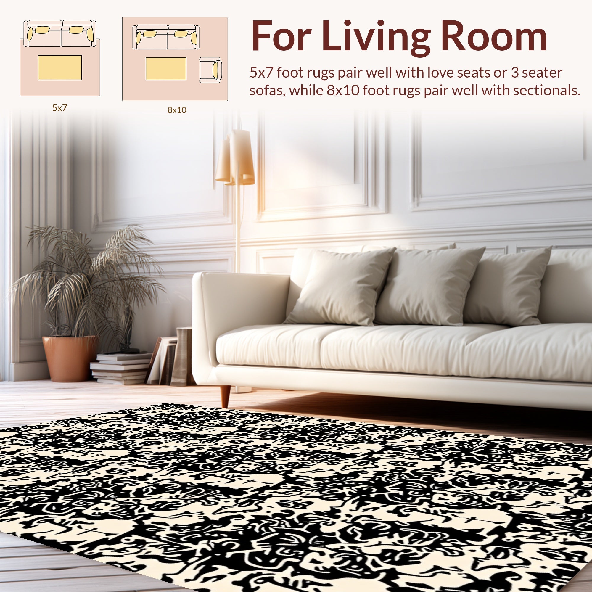Abstract Black Cream Textured Design Rug