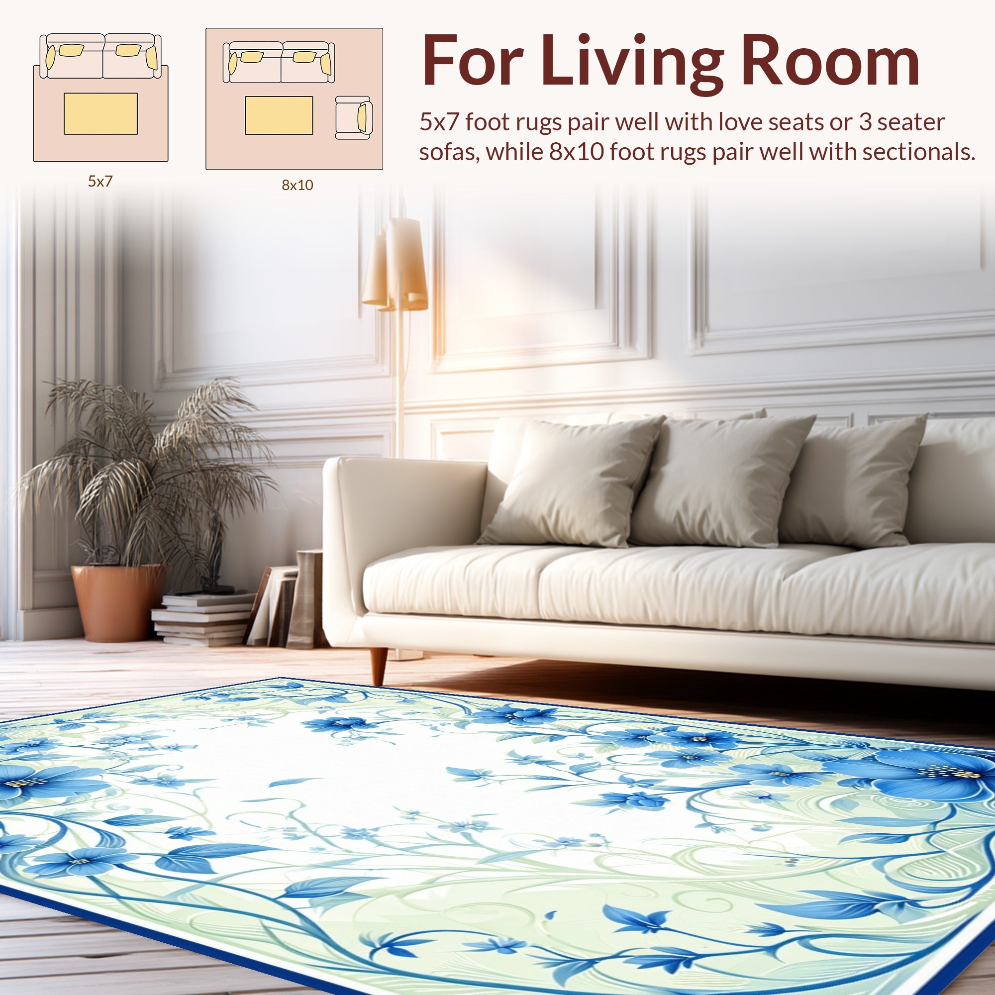 Blue Floral Swirl Border Design Rug