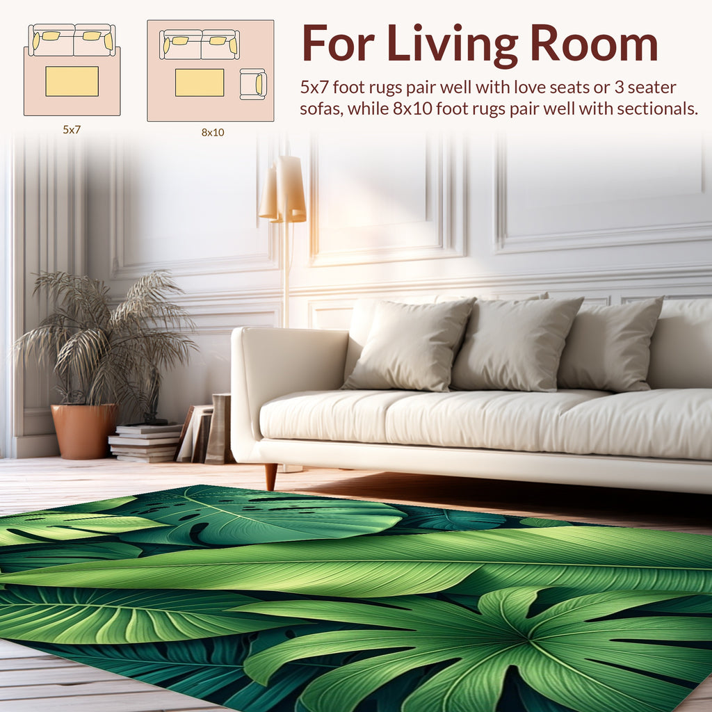 Lush Green Tropical Leaf Pattern Rug