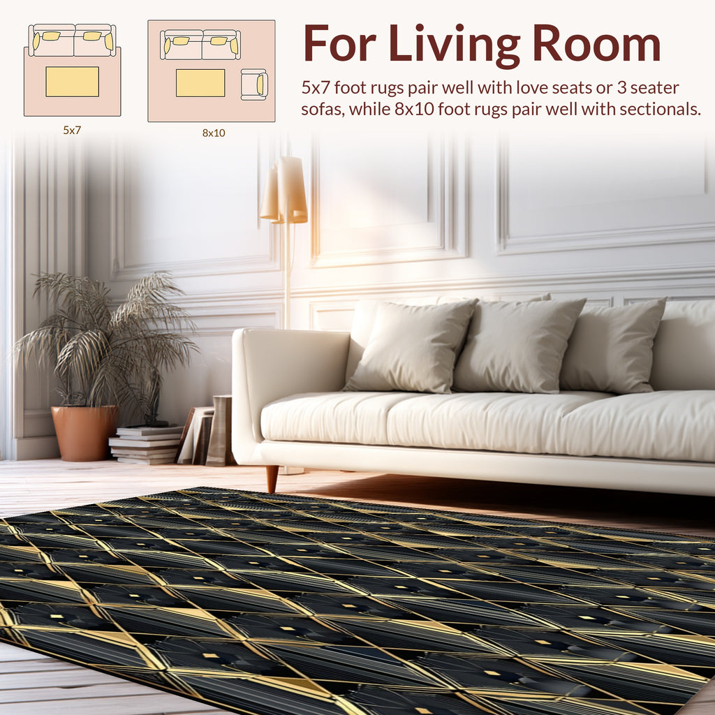 Gold Black Art Deco Diamond Pattern Rug