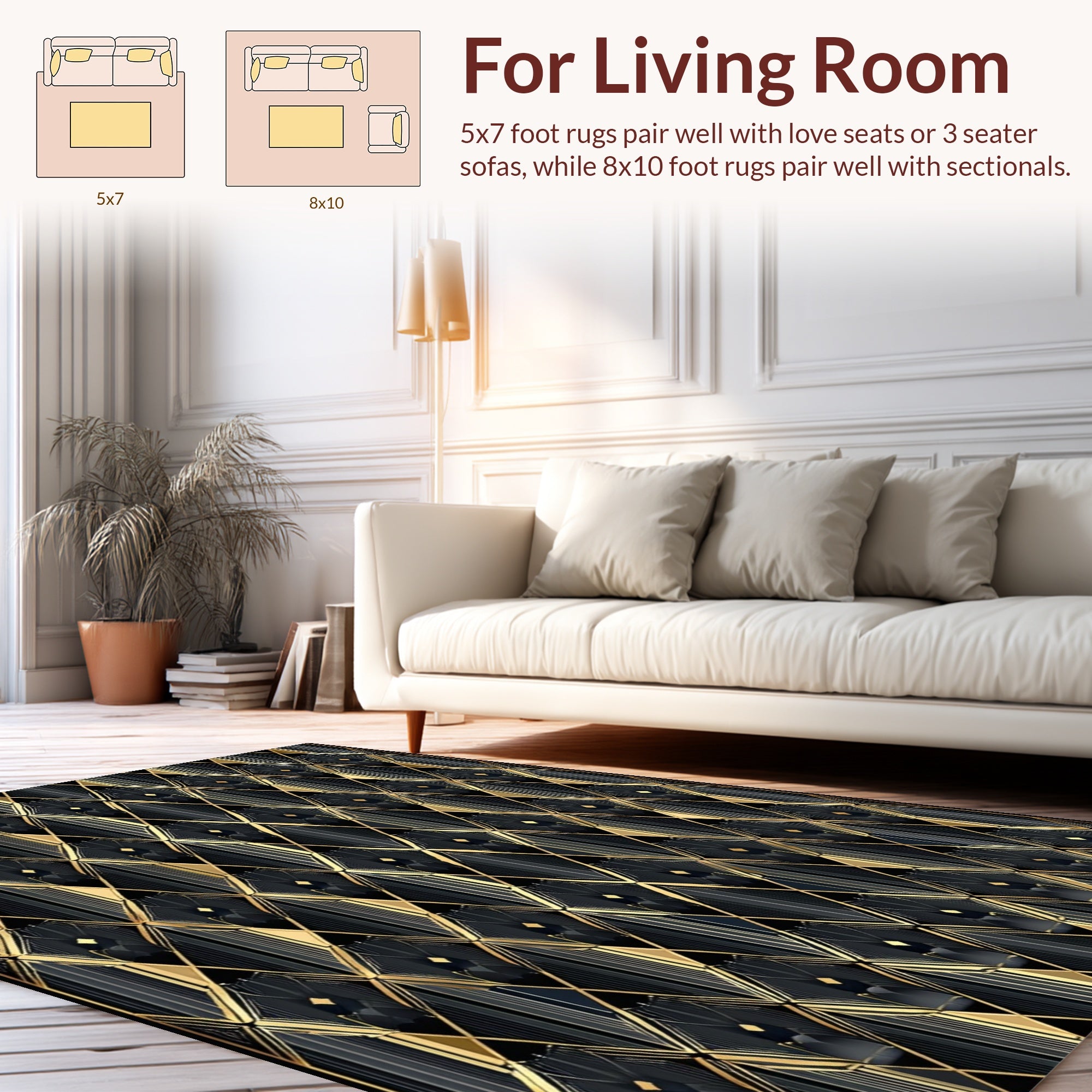 Gold Black Art Deco Diamond Pattern Rug