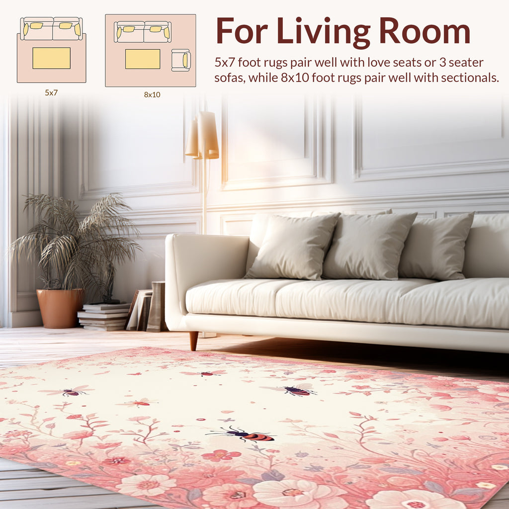 Whimsical Pink Floral Bee Meadow Rug