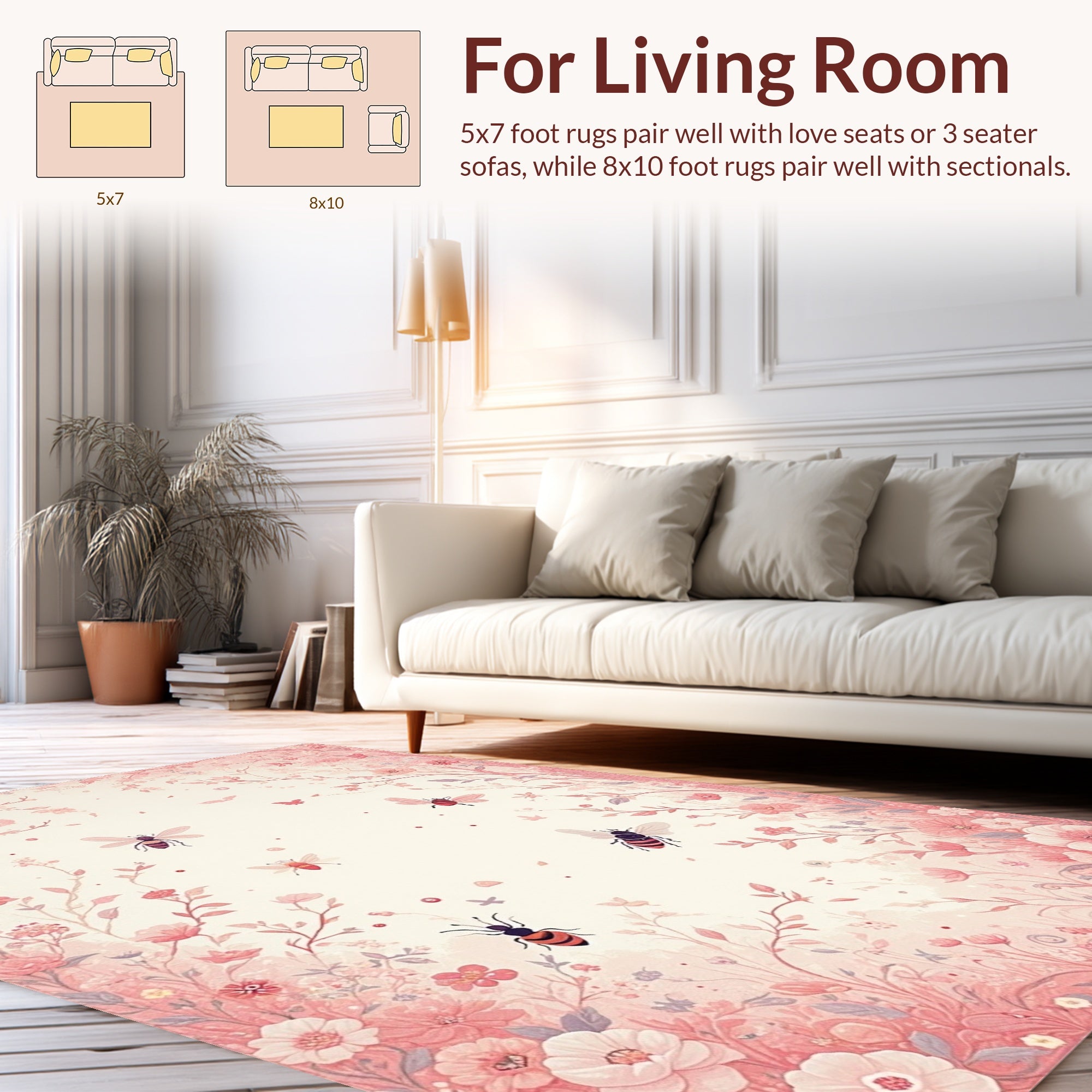 Whimsical Pink Floral Bee Meadow Rug