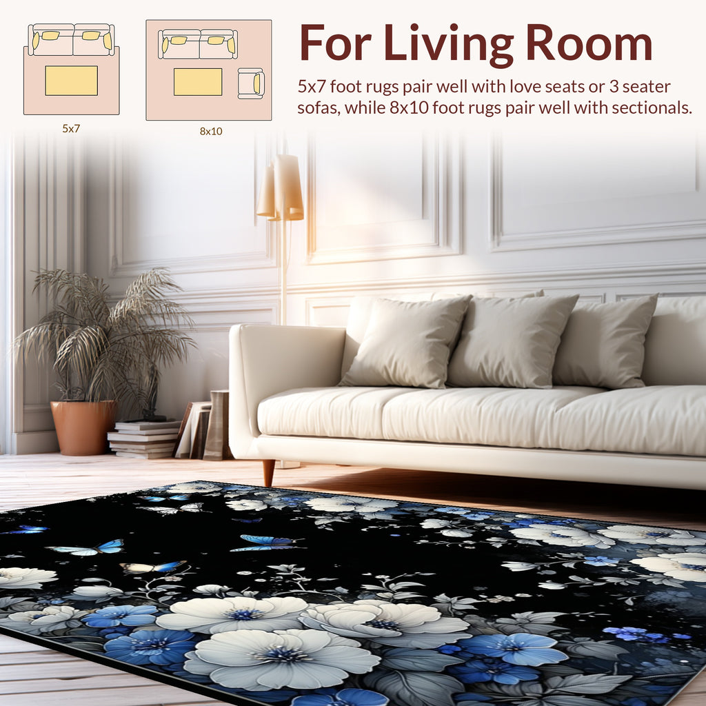 Charming Blue White Floral Butterfly Pattern Rug