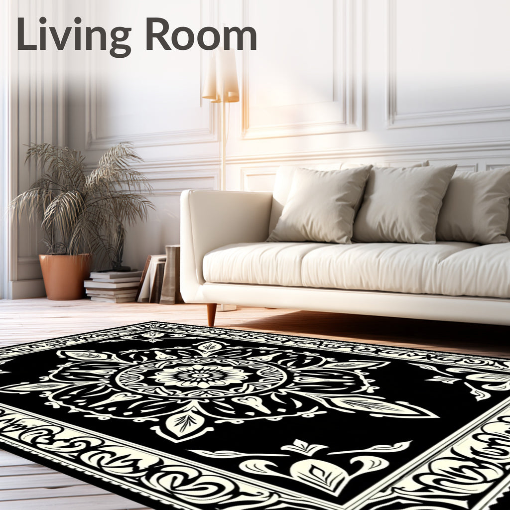 Black and Cream Floral Medallion Border Rug